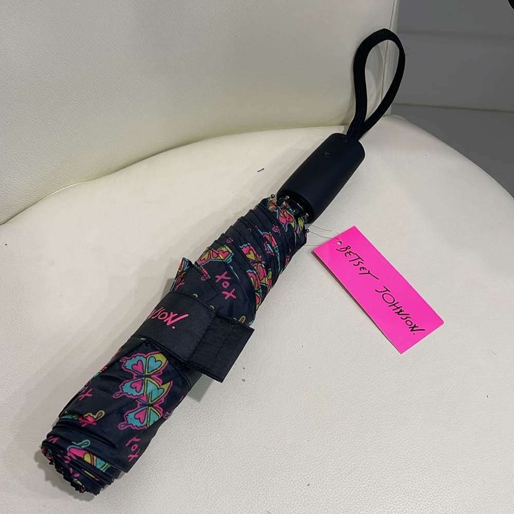 Betsey Johnson Black /Multi Color Neon "Butterflies & Hearts" Umbrella